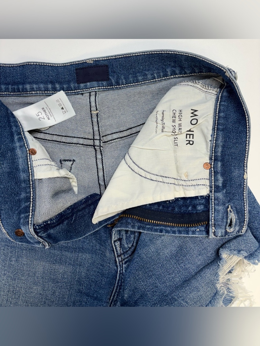 MOTHER Blue Denim High-Rise Cutoff Shorts with Rainbow Pocket - Picture 8 of 8
